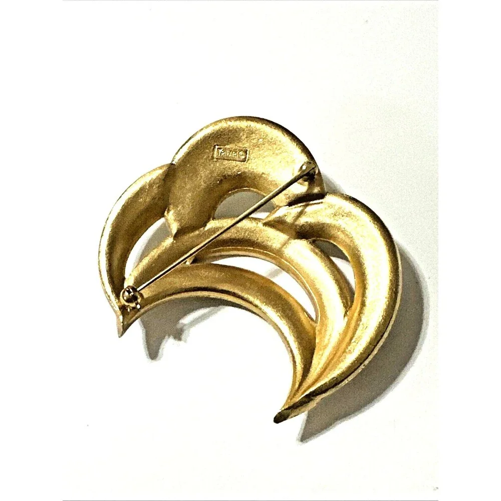 Vintage CROWN TRIFARI White Enamel Wave Brooch Crescent MCM Pin 2.25